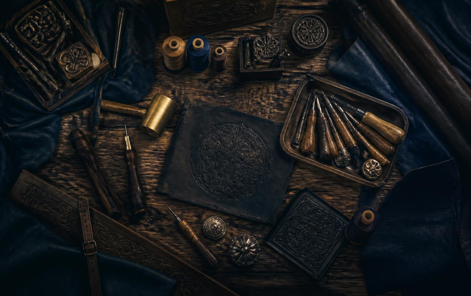 Leather working bench with hand tools, thread and ornament stamps